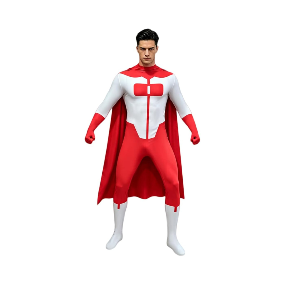 RVGBCOL Men’s Red Superhero-Style Jumpsuit Costume with Cape – Size Small