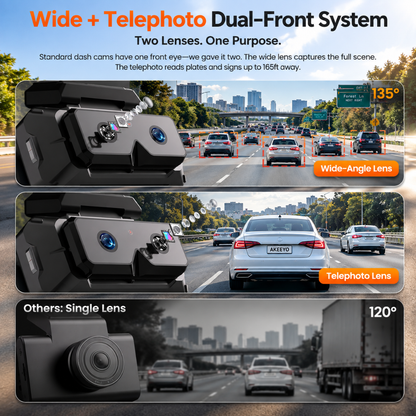 AKEEYO EYES 3-Channel Dash Cam 2K HDR, Telephoto Lens, GPS, 5GHz WiFi