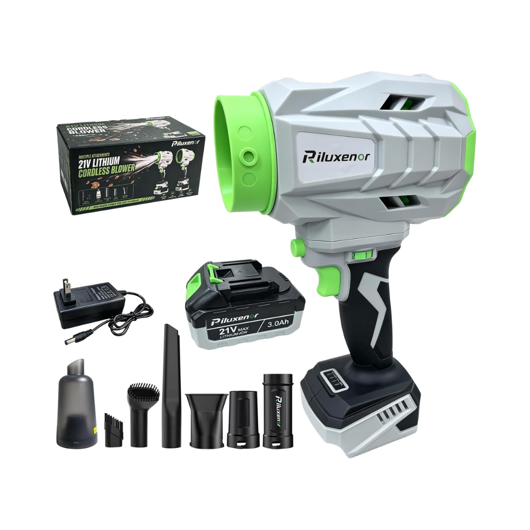 OIGFDS 21V Cordless Leaf Blower & Vacuum, 385 CFM, 6 Speeds, 7 Nozzles