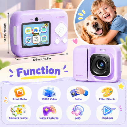 TYPNOS Kids Instant Print Camera – 1080P Video, 32GB Card & 3 Paper Rolls, Purple