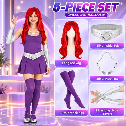 Women Starfire Princess Cosplay Accessories 5 Piece Red Wig Gloves Belt Necklace Purple Socks
