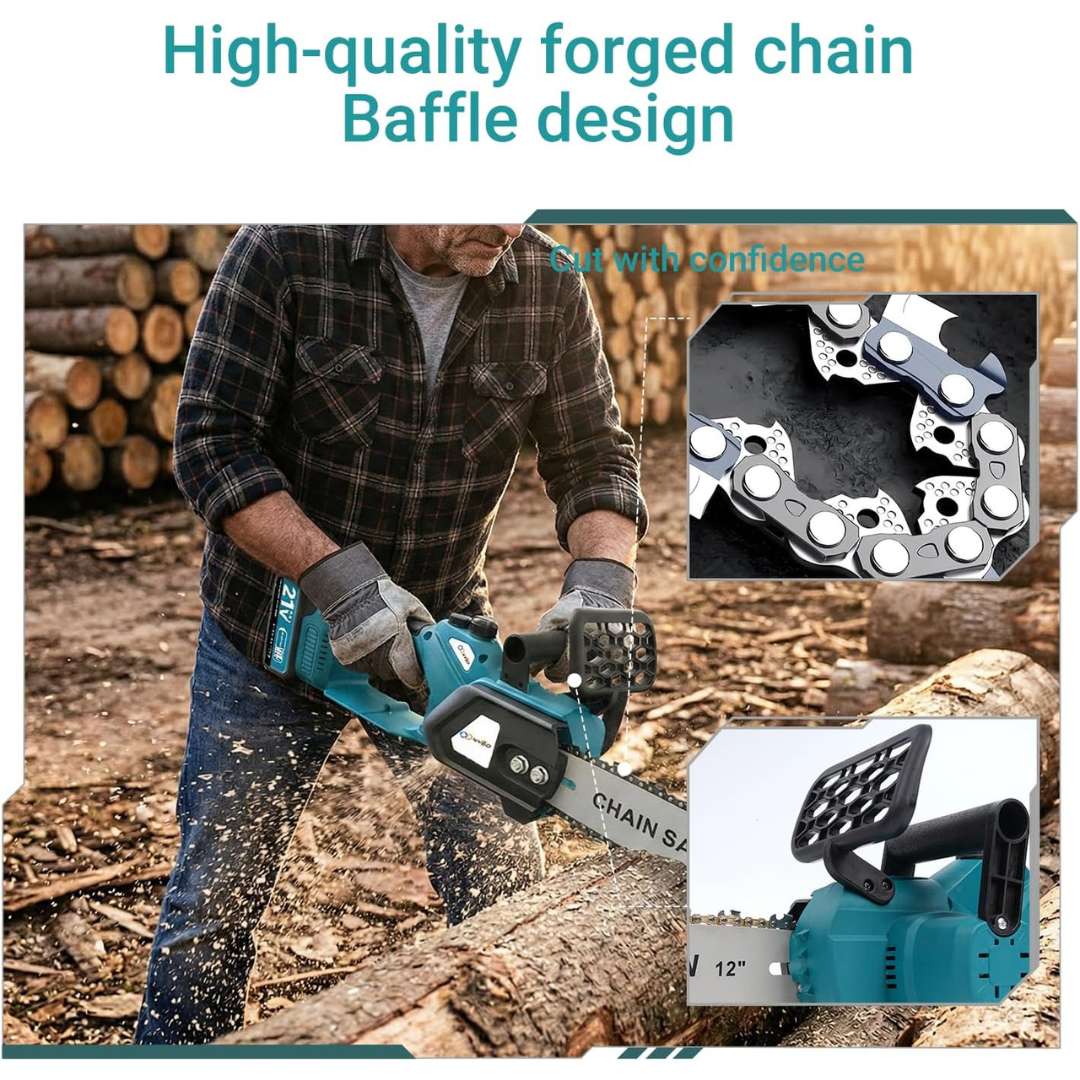 XYSD 12-Inch 21V Brushless Cordless Chainsaw with Two Batteries and Two Chains