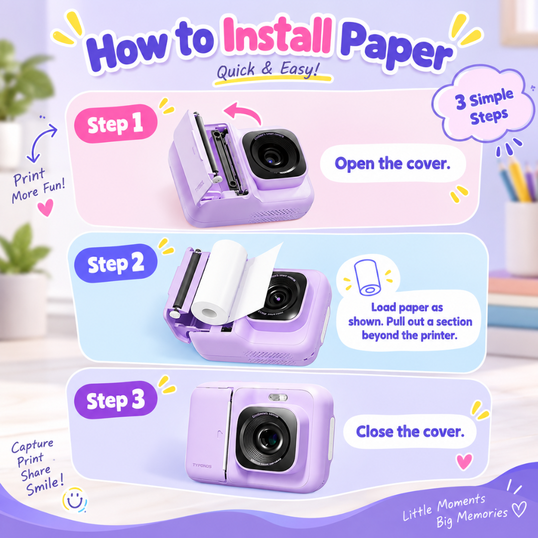 TYPNOS Kids Instant Print Camera – 1080P Video, 32GB Card & 3 Paper Rolls, Purple