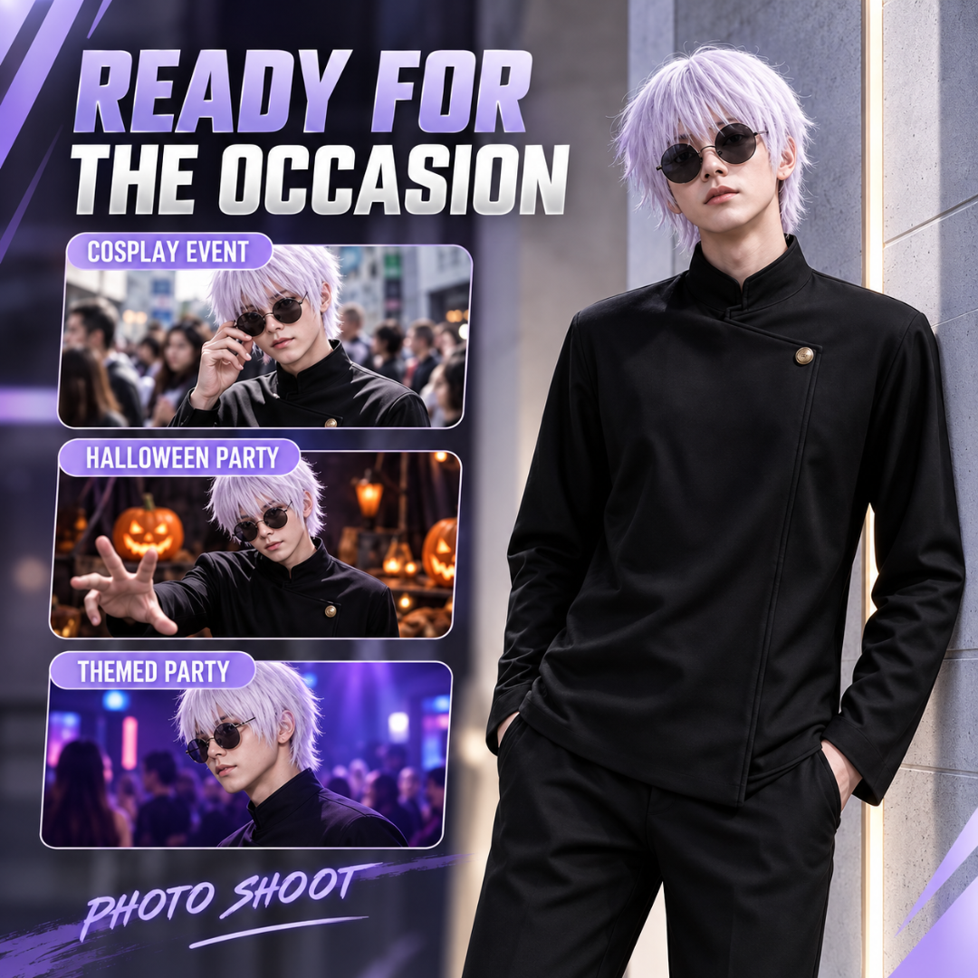 Prylo Senn Men’s Anime-Inspired School Uniform Cosplay Set with White Wig & Glasses – Medium