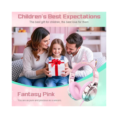 Fones de ouvido infantis QearFun Unicorn – Volume seguro, microfone, dobrável, rosa