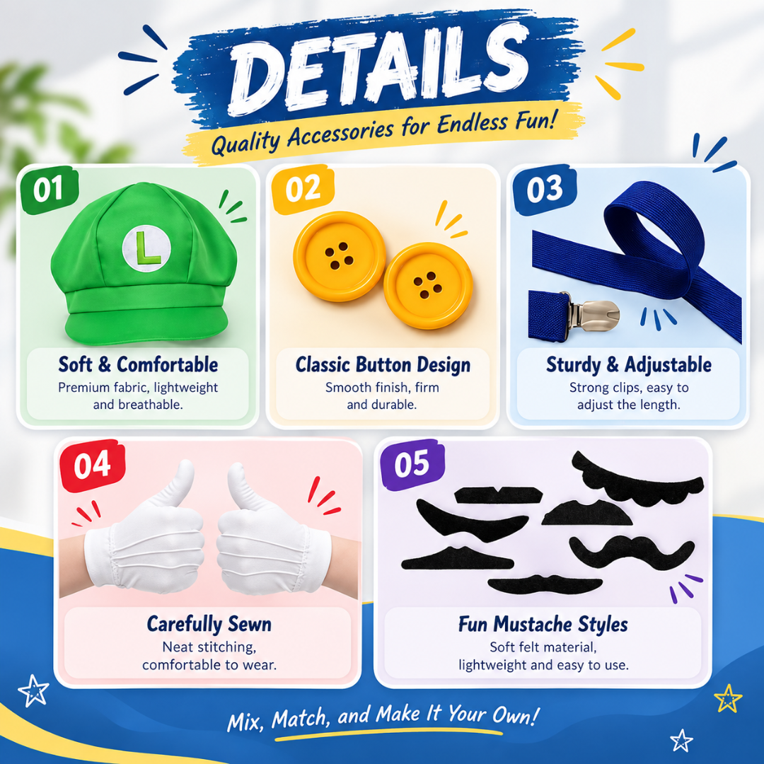 Y9Y9 Green Hero Costume Accessory Set – Hat, Mustache, Suspenders, Gloves & Buttons