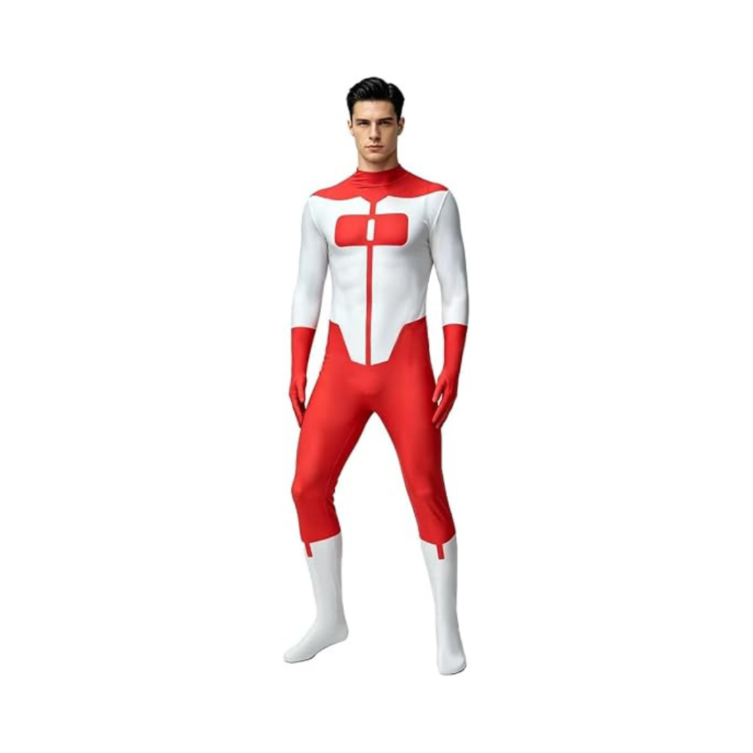 RVGBCOL Men’s Red Superhero-Style Jumpsuit Costume with Cape – Size Small