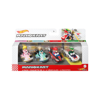 Hot Wheels Mario Kart 4 Pack Die Cast Vehicles Set – Mario Luigi Peach Rosalina Nintendo Kart Racers