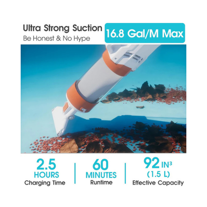 AQUAFYSH Cordless Pool Vacuum – 16.8 GPM Suction, 60M Run-Time, 25µm Filter