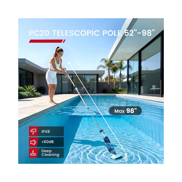 ENHULK PC20 Cordless Pool Vacuum 22 GPM Dual Mode Handheld 5000 L/H Pool Cleaner with 8.2FT Telescopic Pole, 4 Filter Units & 1-Hour Runtime