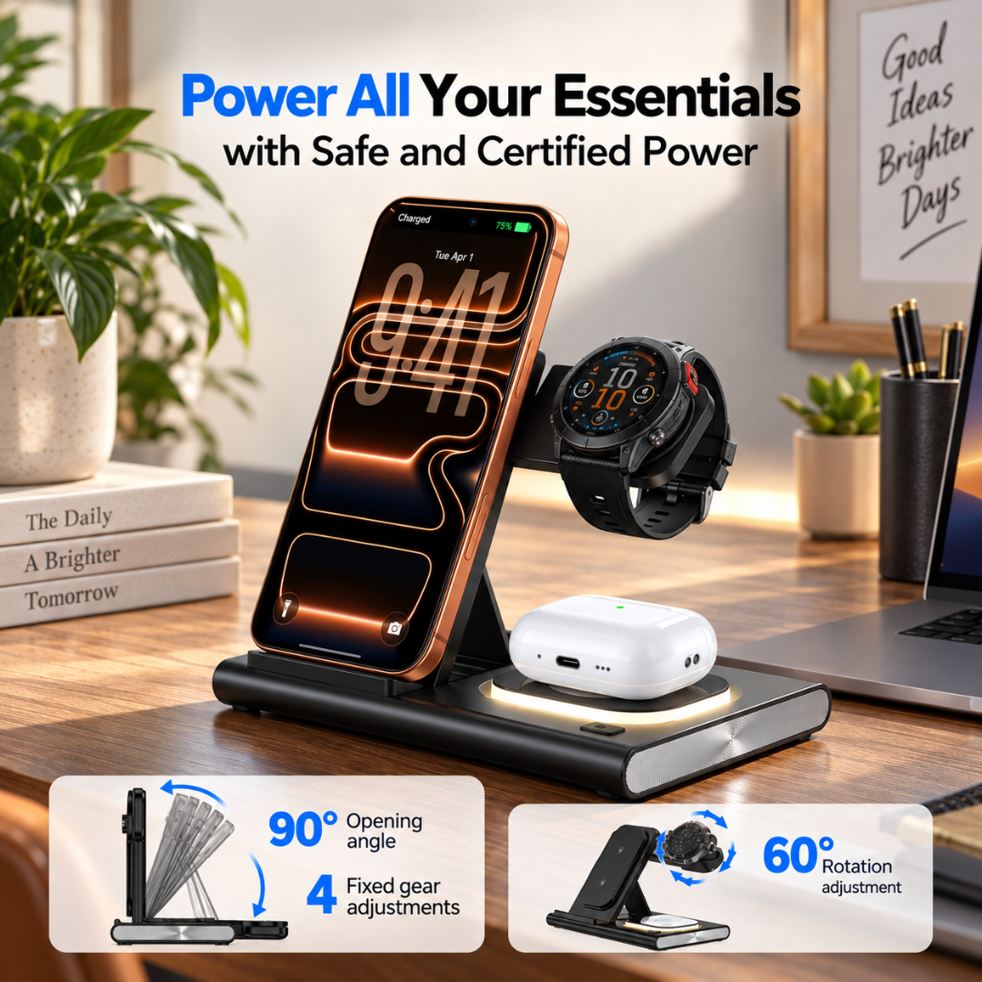 Aresh 3-in-1 Wireless Charging Station for Garmin Watches, Phone & Earbuds