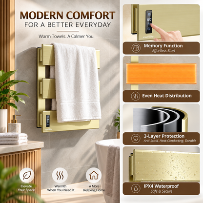 Aquatrend 3-Panel Electric Towel Warmer – LED Time & Temperature Control, Gold