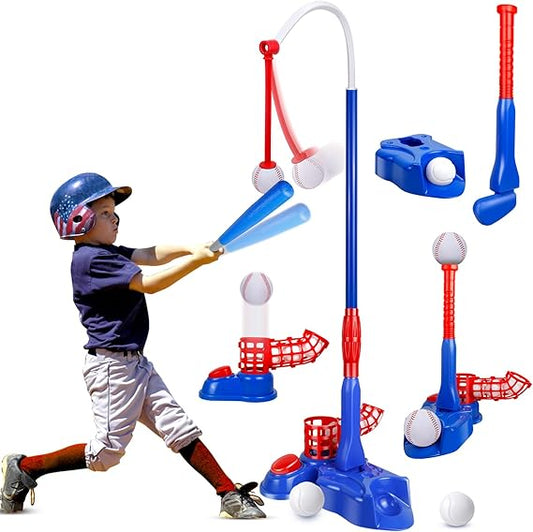 4-in-1 Adjustable T Ball Set for Kids – Indoor Outdoor Sports Toy with Launcher & 6 Balls - Logan's Toy Chest