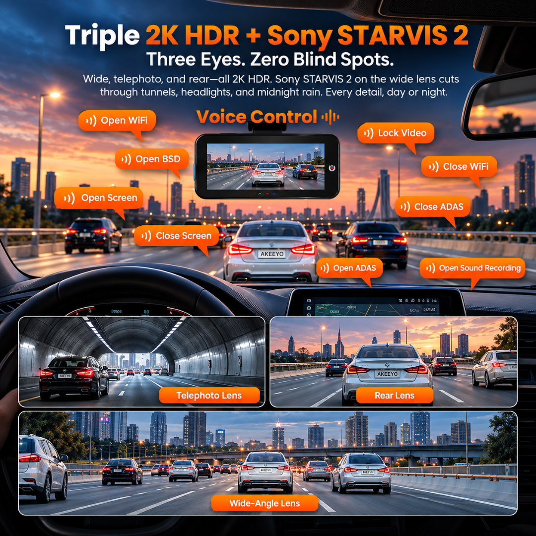 AKEEYO EYES 3-Channel Dash Cam 2K HDR, Telephoto Lens, GPS, 5GHz WiFi