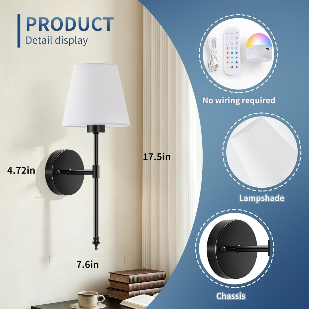 SoodMi Wireless Battery Wall Sconces Set of 2, RGB Dimmable, Brass Black