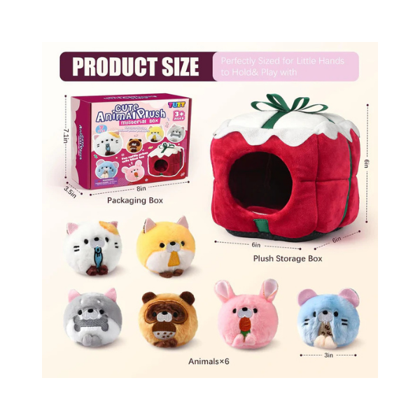 TUZT Mini Stuffed Animals Set with 6 Plush Toys & Carry Bag for Kids