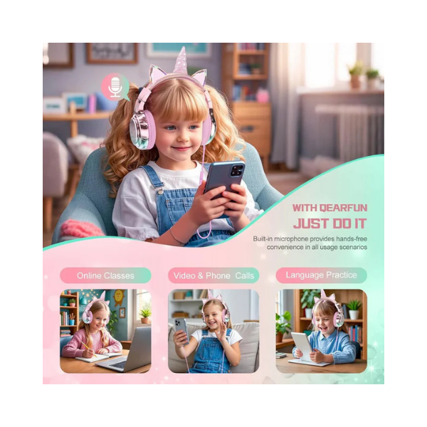 Fones de ouvido infantis QearFun Unicorn – Volume seguro, microfone, dobrável, rosa