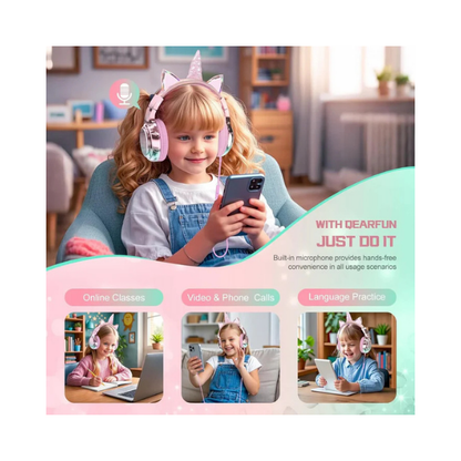 Fones de ouvido infantis QearFun Unicorn – Volume seguro, microfone, dobrável, rosa