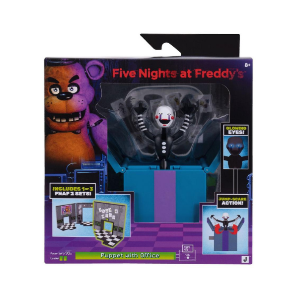 Five Nights at Freddy’s 2 Puppet with Office 5-Inch Jazwares Action Figure Set with Glow-in-the-Dark Eyes & Jumpscare Feature