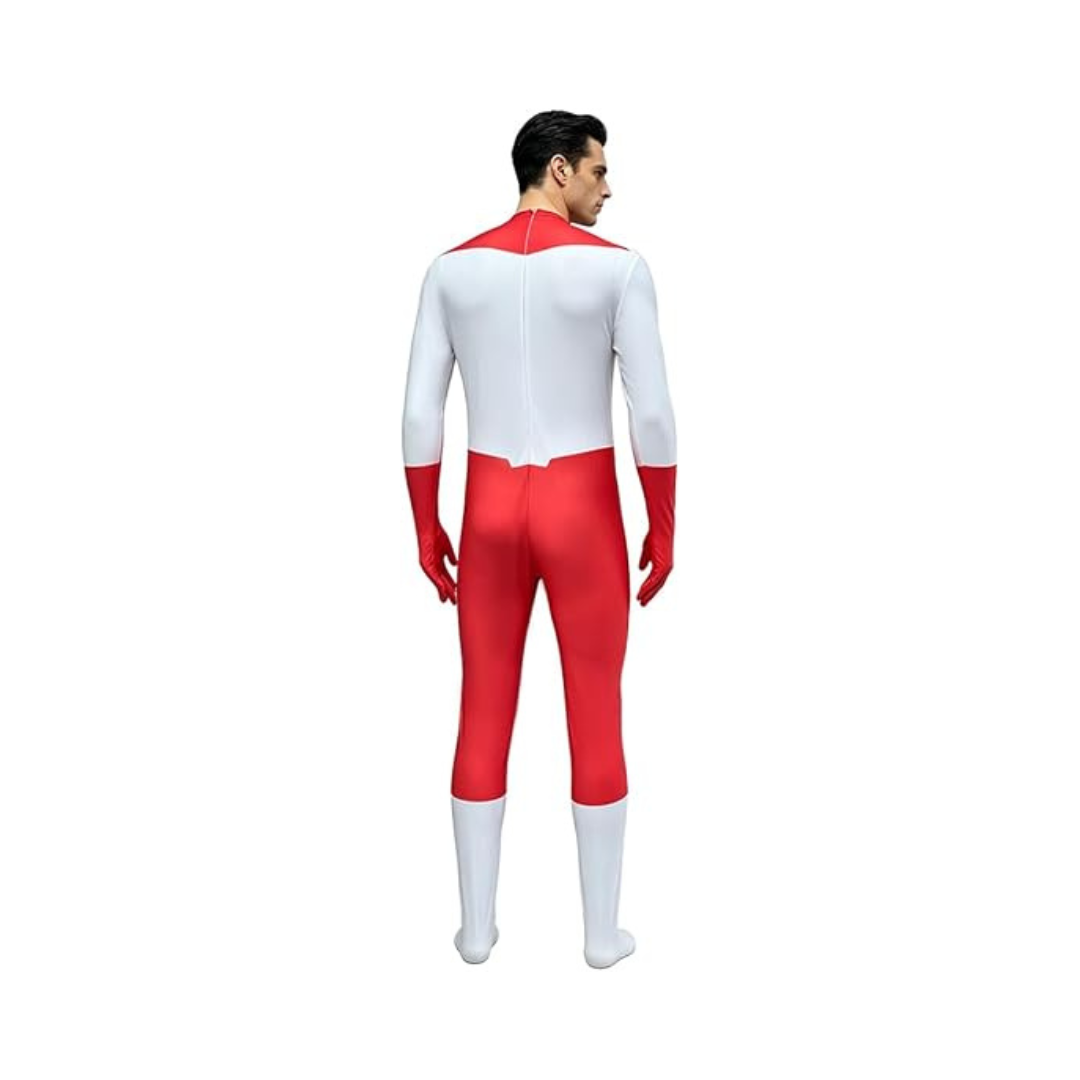 RVGBCOL Men’s Red Superhero-Style Jumpsuit Costume with Cape – Size Small