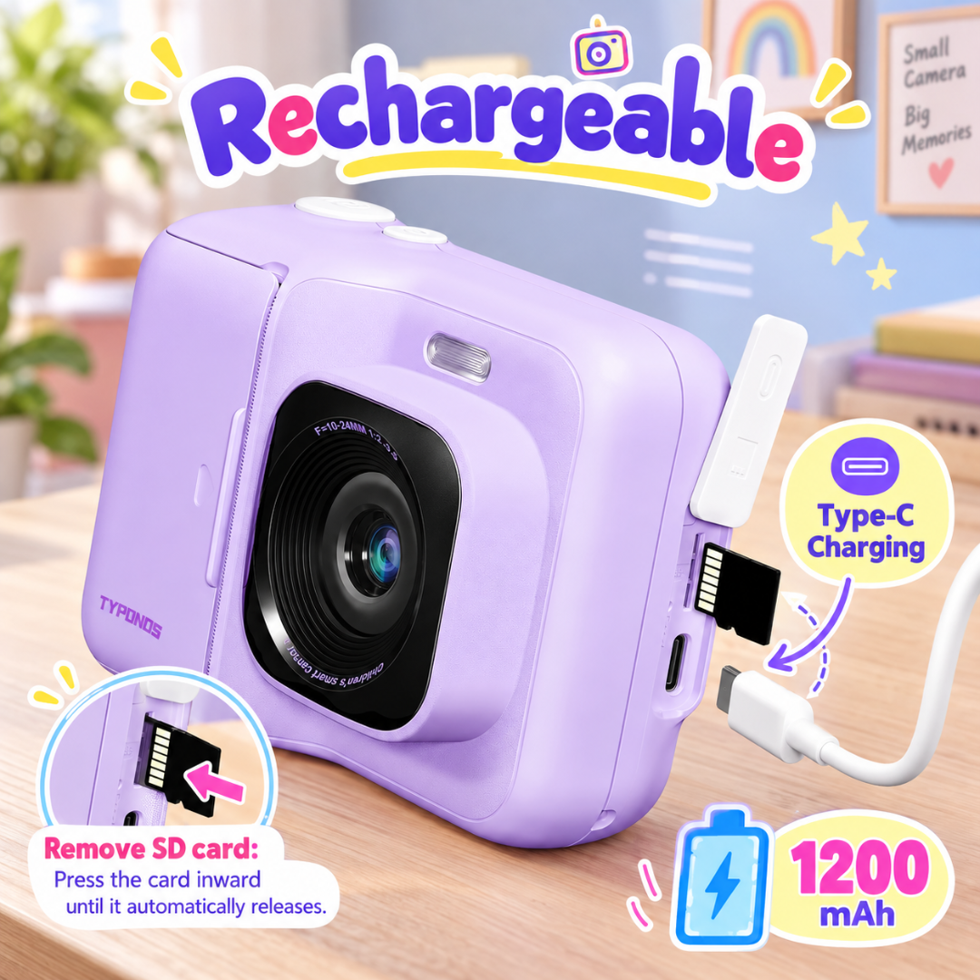 TYPNOS Kids Instant Print Camera – 1080P Video, 32GB Card & 3 Paper Rolls, Purple