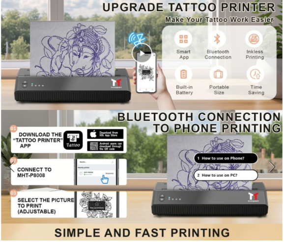 TATOPRT P8008 Tattoo Stencil Document Printer - High-Quality, Wireless, Portable