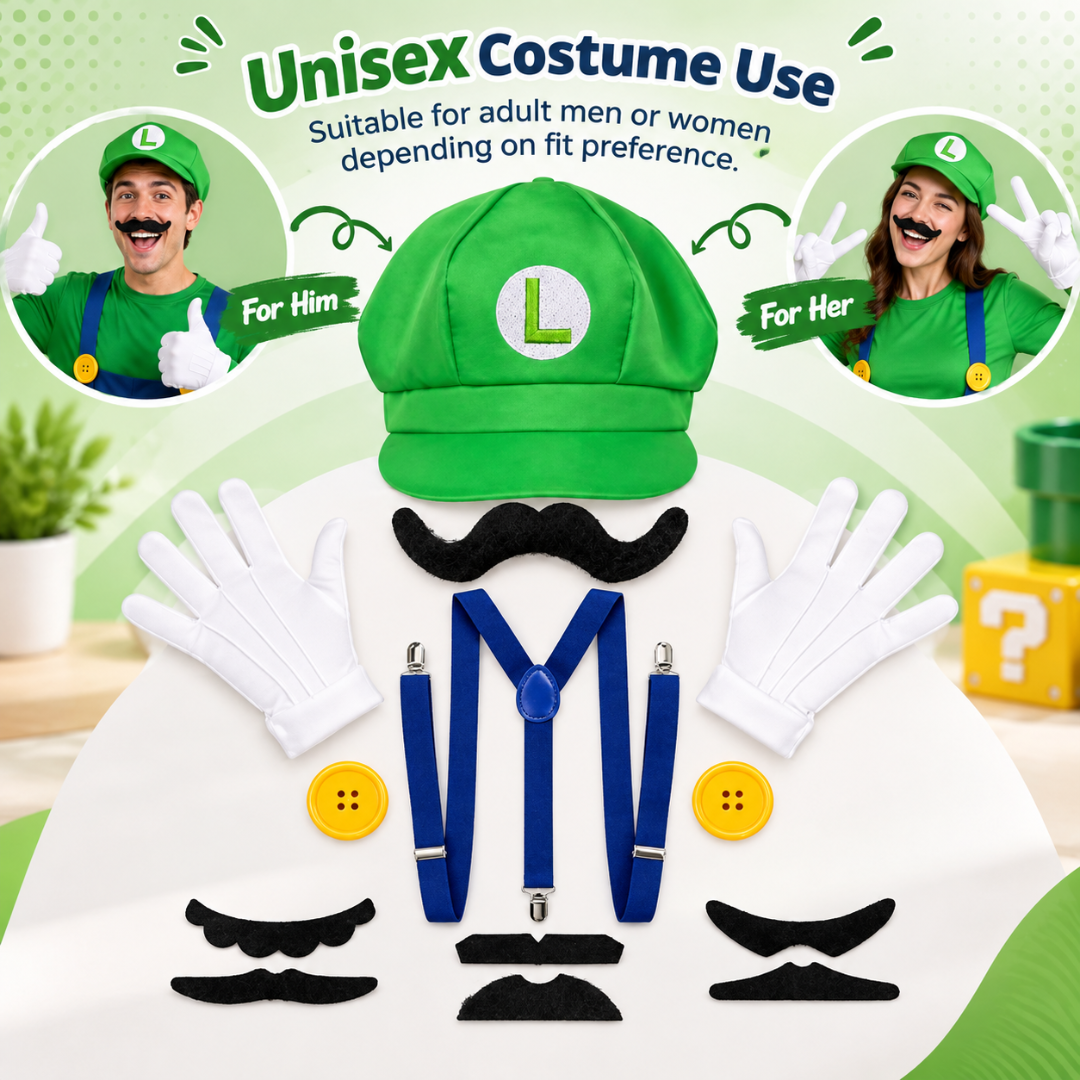 Y9Y9 Green Hero Costume Accessory Set – Hat, Mustache, Suspenders, Gloves & Buttons