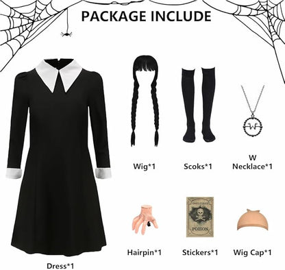 Girls Halloween Costume Set - Black Dress, Wig, Hand Hairpin, Socks, & More