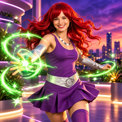 Women Starfire Princess Cosplay Accessories 5 Piece Red Wig Gloves Belt Necklace Purple Socks