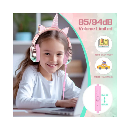 Fones de ouvido infantis QearFun Unicorn – Volume seguro, microfone, dobrável, rosa