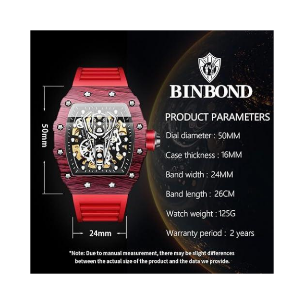 BINBOND Square Skeleton Automatic Watch – Self-Winding Mechanical Timepiece