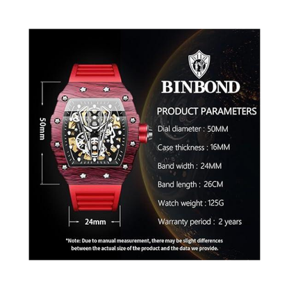 BINBOND Square Skeleton Automatic Watch – Self-Winding Mechanical Timepiece
