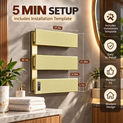 Aquatrend 3-Panel Electric Towel Warmer – LED Time & Temperature Control, Gold