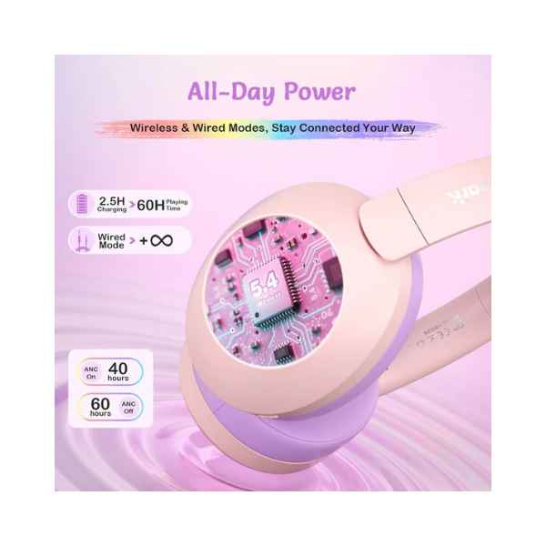 TONOSHARK Kids Noise Cancelling Headphones RGB LED 60H Bluetooth Pink