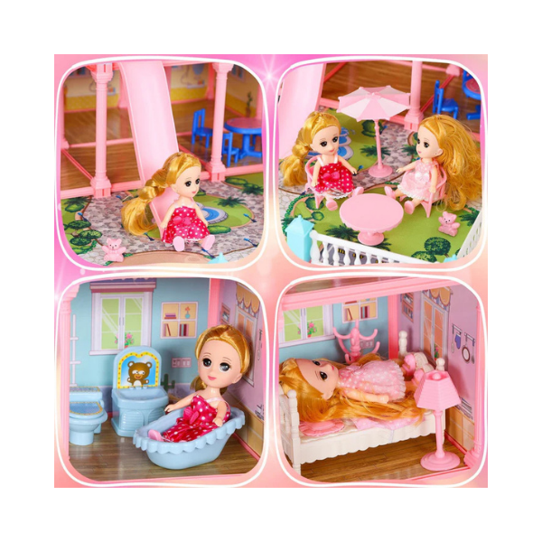 CUTE STONE 4-Story Dollhouse with 15 Rooms & Furniture Set for Girls