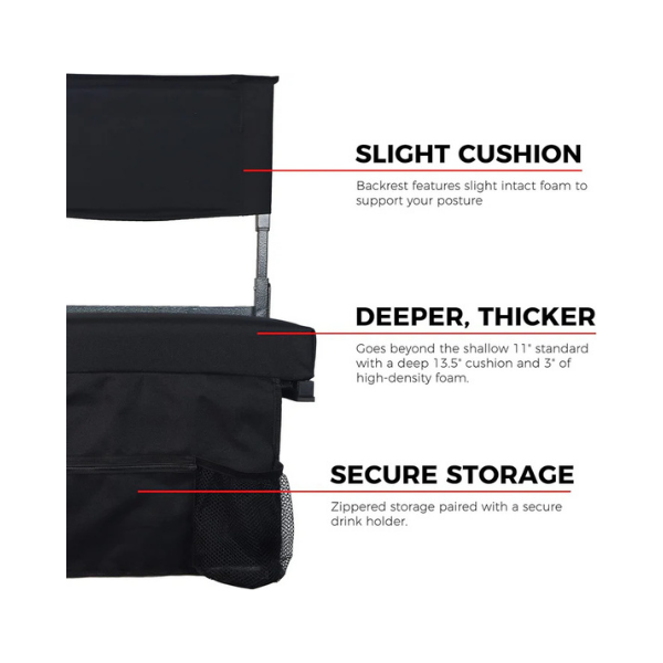 JST GAMEZ Black Stadium Seat with Back Support & Thick Foam Cushion