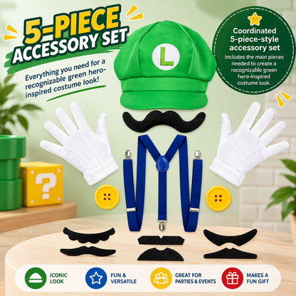 Y9Y9 Green Hero Costume Accessory Set – Hat, Mustache, Suspenders, Gloves & Buttons