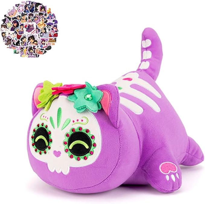 ZANEKCTOYS 5.9" Purple Skull Cat Plush & 60 Stickers – Cute Kawaii Cat Toy