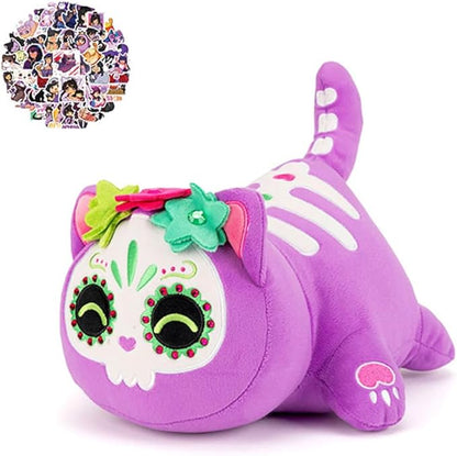 ZANEKCTOYS 5.9" Purple Skull Cat Plush & 60 Stickers – Cute Kawaii Cat Toy