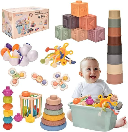 Majabike 7-in-1 Montessori Baby Toys Set – Sensory Blocks & Stacking Rings