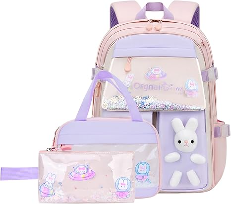 Kawaii Bunny Backpack Set – 3-Piece Girls’ School Bag with Lunch Box, Pink