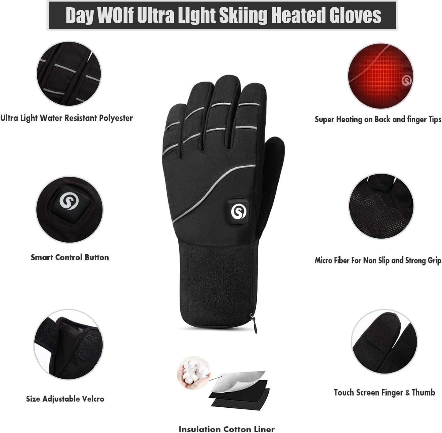 Day Wolf Heated Glove Liners with Rechargeable Batteries for Winter Sports
