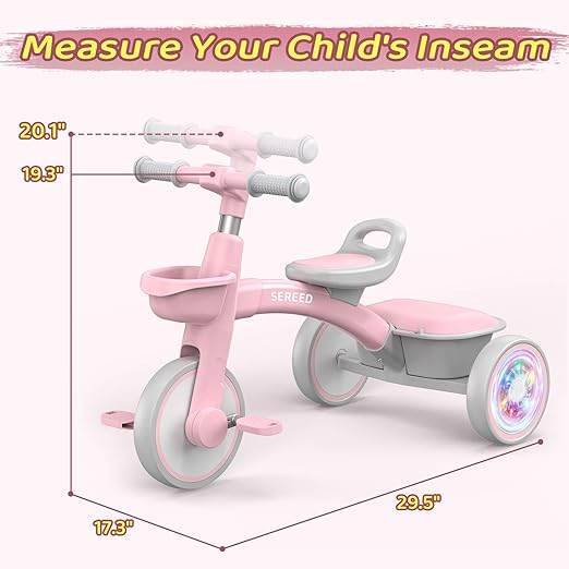 SEREED Colorful Lighting Toddler Tricycle for Kids (Ages 2-5) - Adjustable & Lightweight