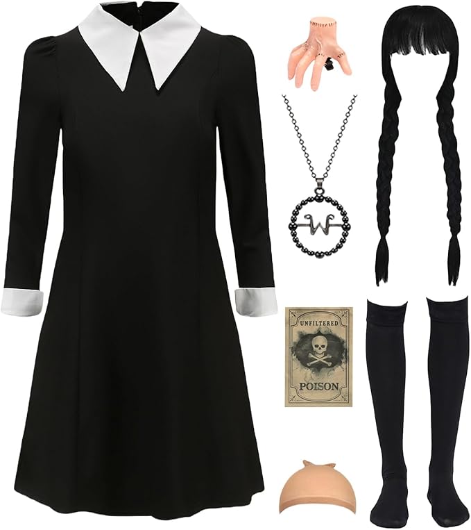 Girls Halloween Costume Set - Black Dress, Wig, Hand Hairpin, Socks, & More