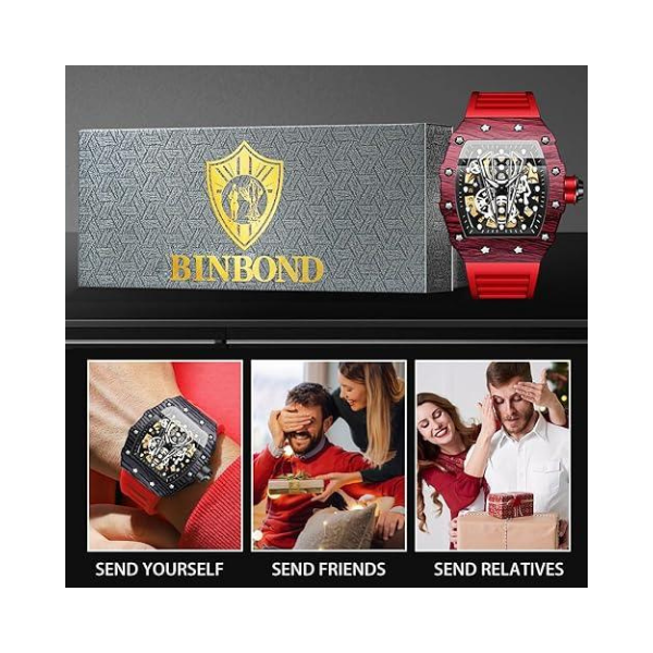 BINBOND Square Skeleton Automatic Watch – Self-Winding Mechanical Timepiece