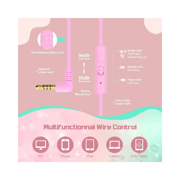 Fones de ouvido infantis QearFun Unicorn – Volume seguro, microfone, dobrável, rosa