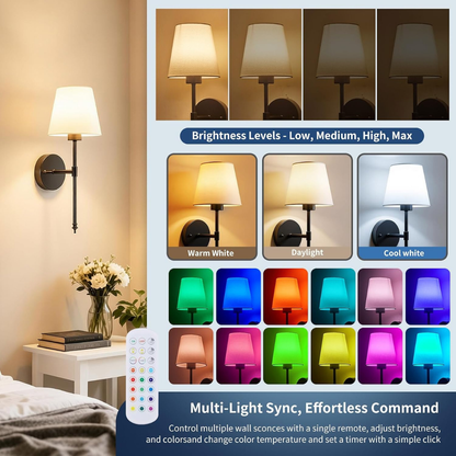 SoodMi Wireless Battery Wall Sconces Set of 2, RGB Dimmable, Brass Black