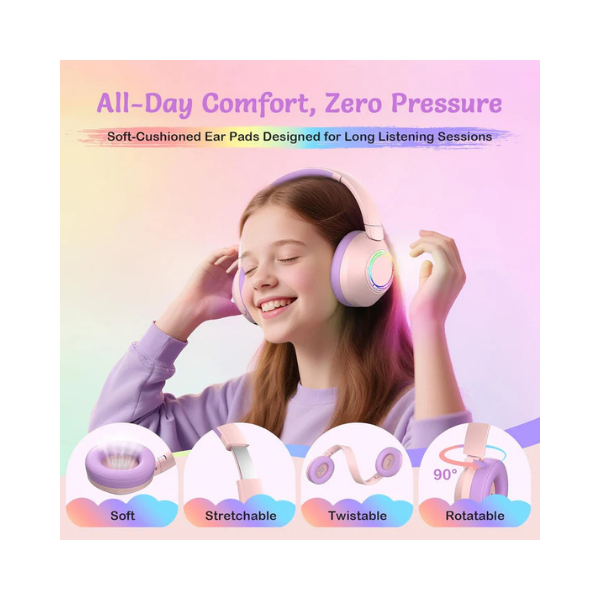 TONOSHARK Kids Noise Cancelling Headphones RGB LED 60H Bluetooth Pink