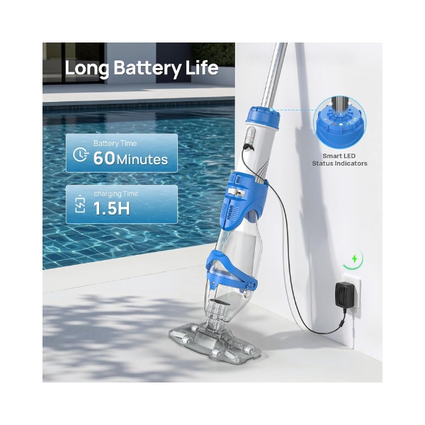 Consciot Cordless 1320 GPH Pool Vacuum Cleaner 22 GPM Rechargeable Handheld 22PC Pool Cleaner with 7.3FT Telescopic Pole, 2L Debris Capacity & 60-Min Runtime