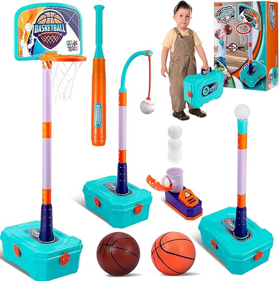 4-in-1 Toddler Basketball Hoop & T-Ball Set, Adjustable Pitching Machine